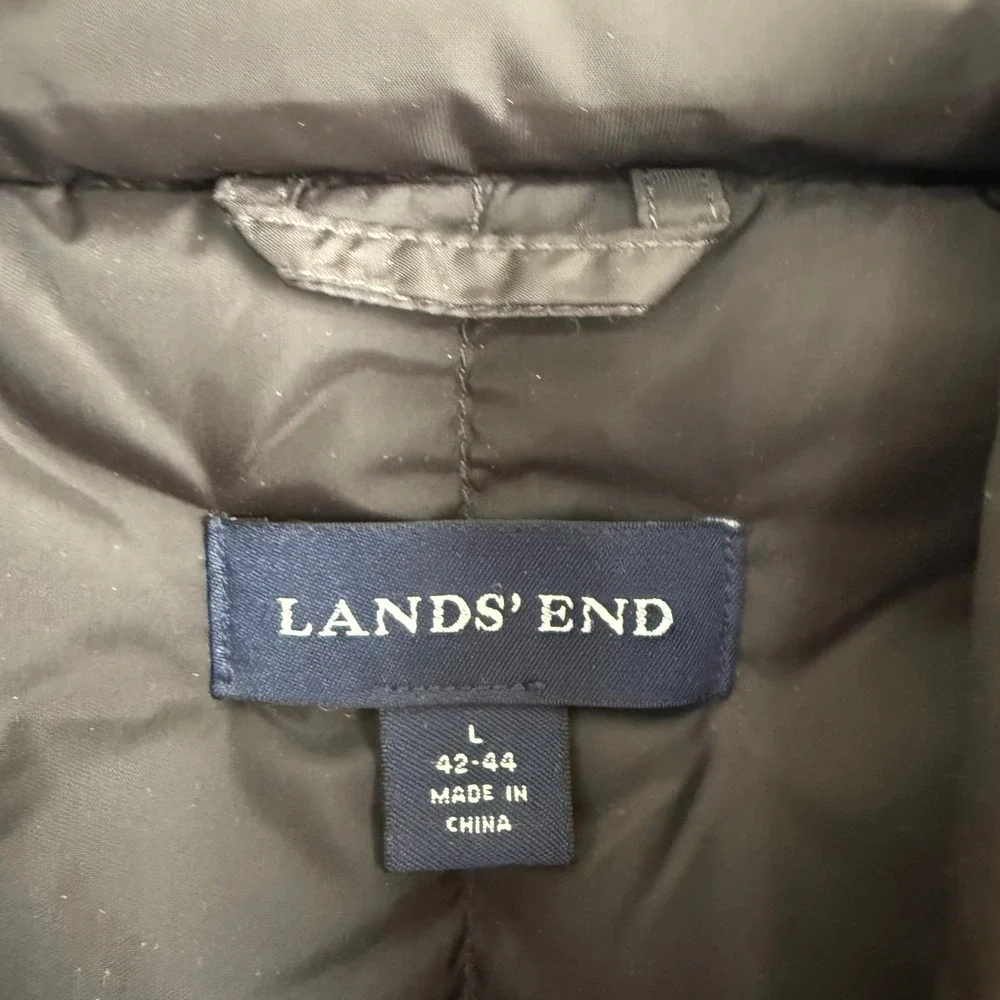 Lands End Mens Down Puffer Vest Brown Large 42-44 Quilted Snap‎ Front Mock Neck